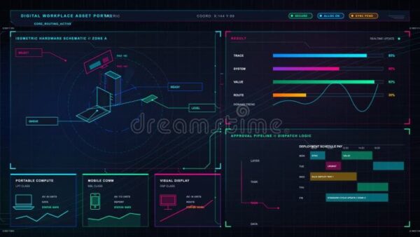 A digital workplace dashboard displaying hardware schematics and operational metrics.