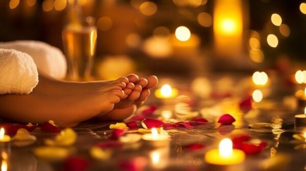 Relaxed feet beside candles and rose petals during an evening spa ritual